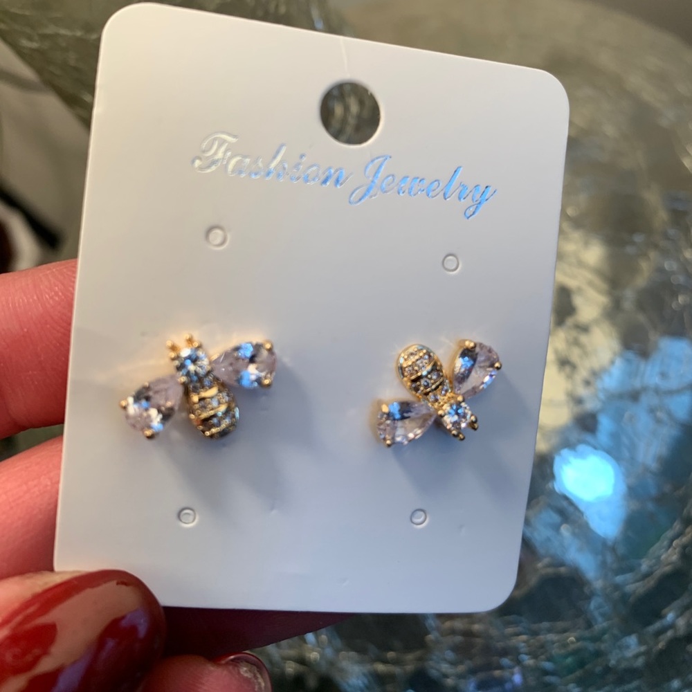 Beautiful GOLD PLATED Zircon crystals Bee earrings - Picture 5 of 8